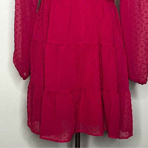 Trixxi High Neck Sheer Sleeve Dress Women M Red Magenta Tiered Ruffle Zip Midi - Picture 3 of 10
